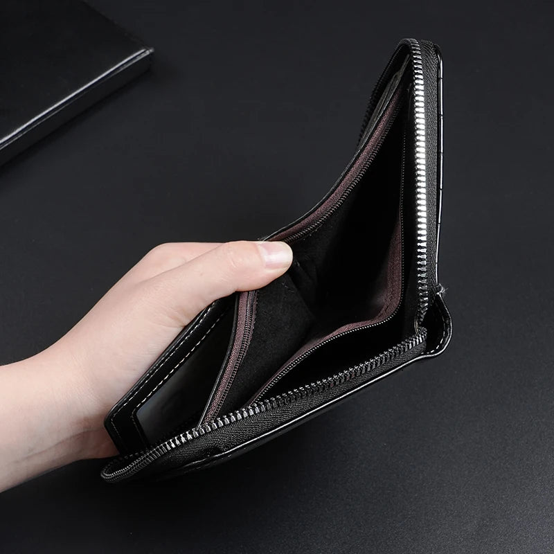 Luxury RFID Protection Leather Zipper Men’s Wallet Card Holder with Coin Pocket Crocodile Pattern Stitched Wallets Accessory