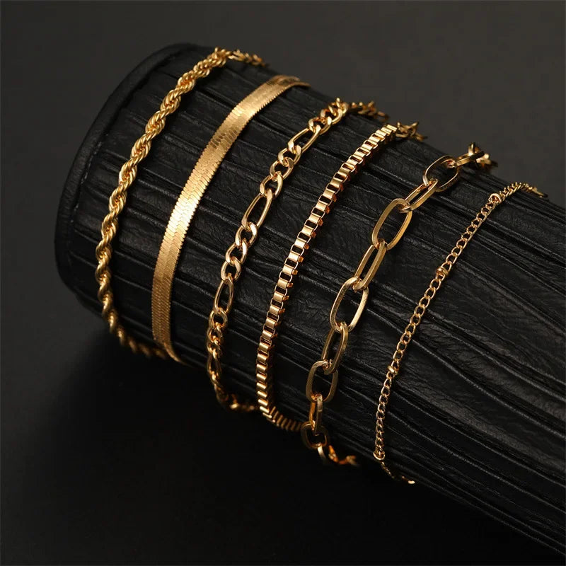 6pcs Boho Retro Thick Twist Cuban Chain Bracelets Set Multi Layer Silver Gold Color for Women Fashion Trendy Quality Jewelry Accessories
