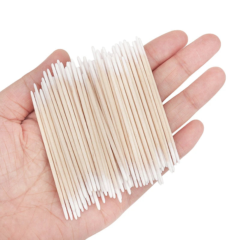 Disposable Small Double-end Wood Cotton Swab 100pcs Lint Free Micro Brushes Eyelash Extension Glue Removing Tools