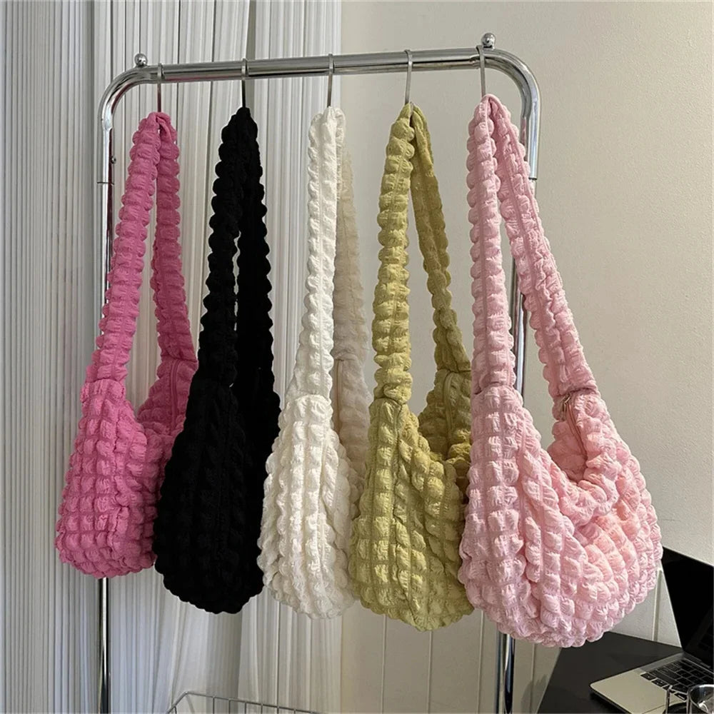 Embroidered Quilted Satchel Shoulder Crossbody Handbag Purse for Women Pleated Design Large Capacity Tote Bags