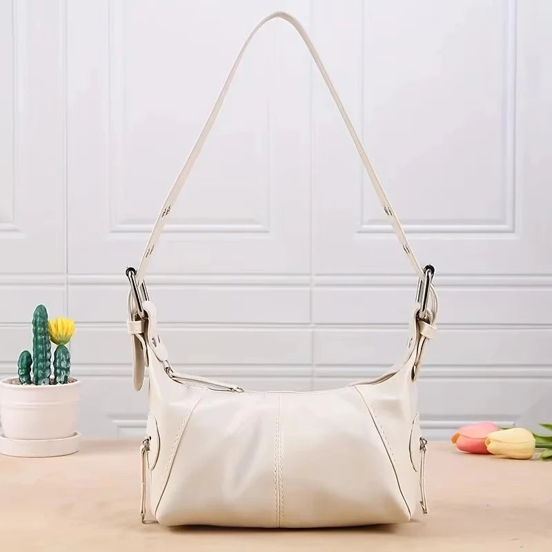 Elegant Leather Baguette Satchel Shoulder Handbag Purse for Women Single Shoulder Strap Zipper Messenger Bag