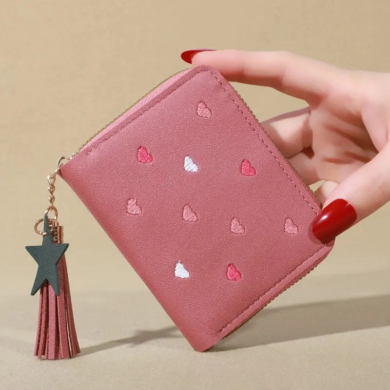 Mini Tassel Embroidered Women's Cute Clutch Wallet Short Style Zipper Hearts Star PU Leather Coin Purse Ladies Clutch Hand Wallet