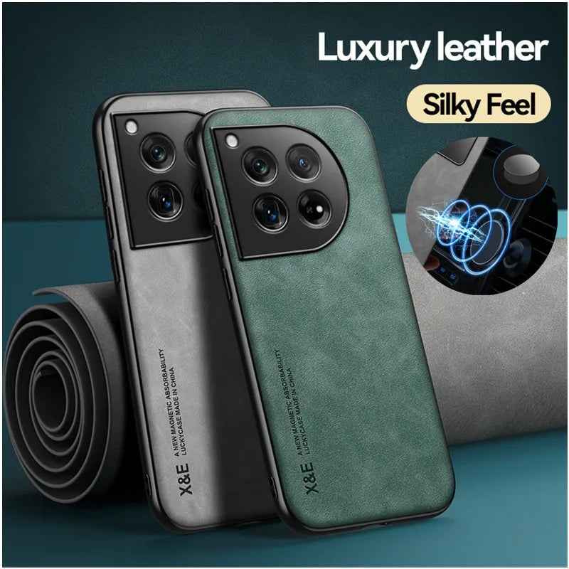 Elegant Leather Phone Case for OnePlus 12 12R Protective Shockproof Cover with Built-in Magnetic Car Holder