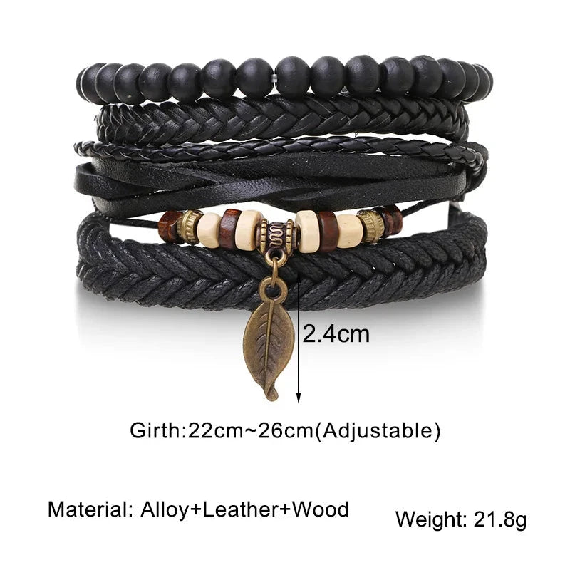 Stylish Braided Woven Leather Bracelets for Men Life Tree Rudder Charm Wood Beads Tribal Rope Wristband 4pcs Set