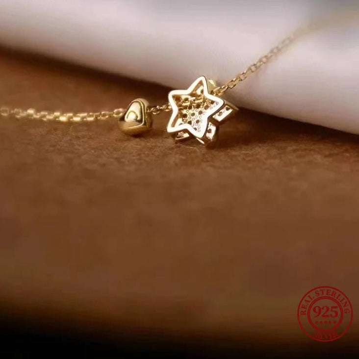 Fashion Crystal Star and Heart 925 Sterling Silver Necklaces for Women 18k Gold Plated Chain Jewelry Accessories