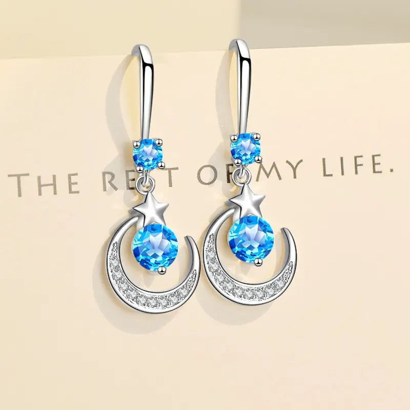 Elegant Crystal Star Moon 925 Sterling Silver Drop Dangle Earrings for Women Fashion Trendy Jewelry Accessories