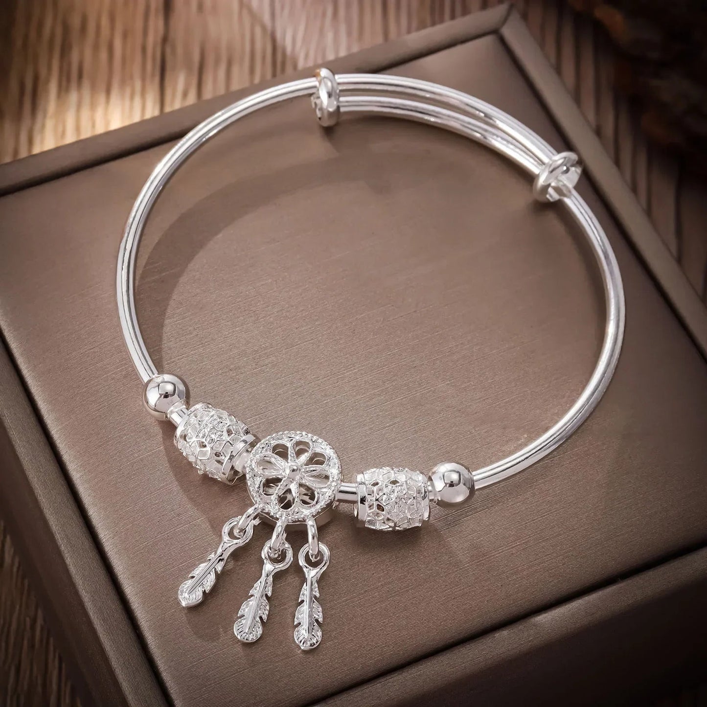 Modern Luxury Tassel Feather Dream Catcher 925 Sterling Silver Bracelets for Women Bangle Adjustable Charm Jewelry Accessories