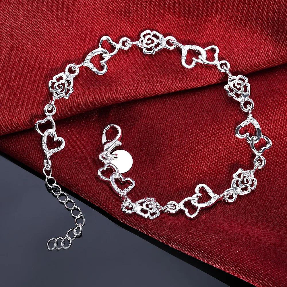 Exquisite Hearts and Flowers 925 Sterling Silver Bracelets for Women Fashion Fancy Jewelry Accessories