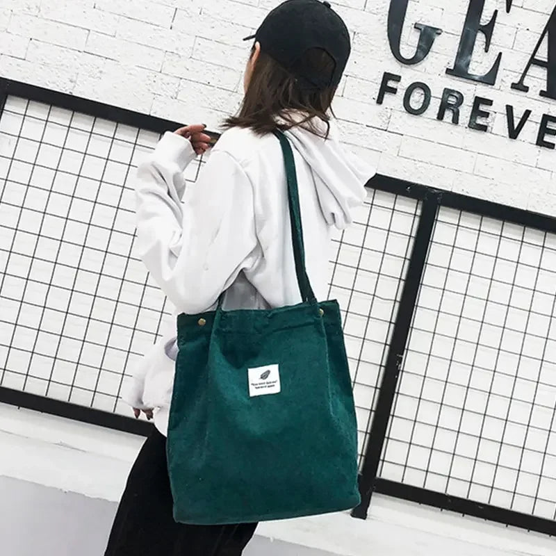 High Quality Casual Foldable Corduroy Handbag Eco Friendly Reusable Lightweight Shopping Shoulder Bags