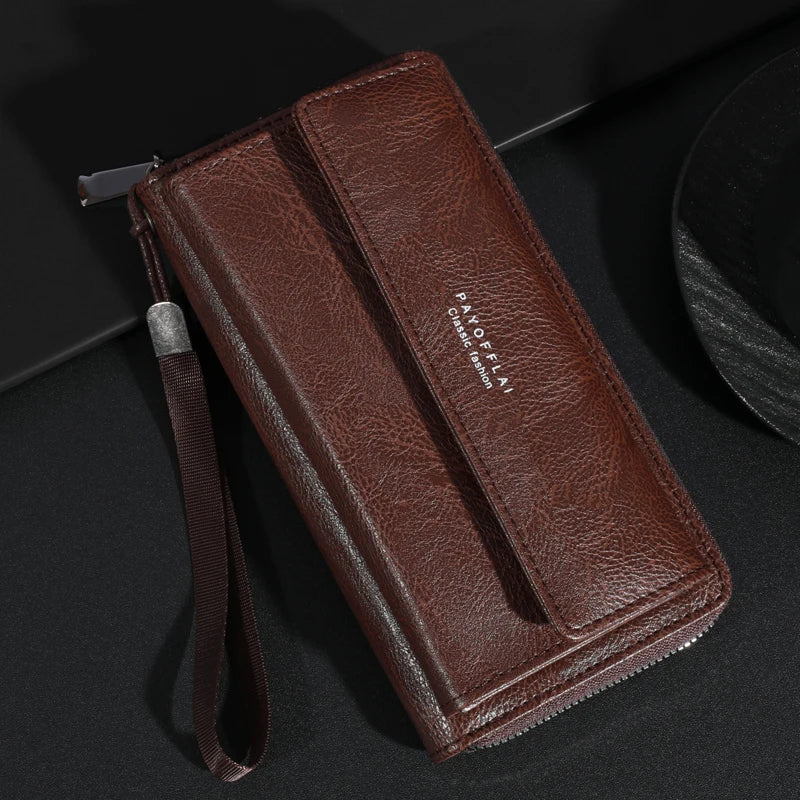 High Quality Men's Leather Zipper Long Phone Wallet Large Capacity Clutch Bag Multi Card Holder Coin Purse Double Layer Strap Wallet