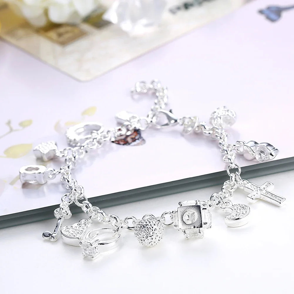 Crystal Pendants 925 Sterling Silver Bracelets for Woman Heart Key Ring Moon Star Cross Charm Pendant Chain Band