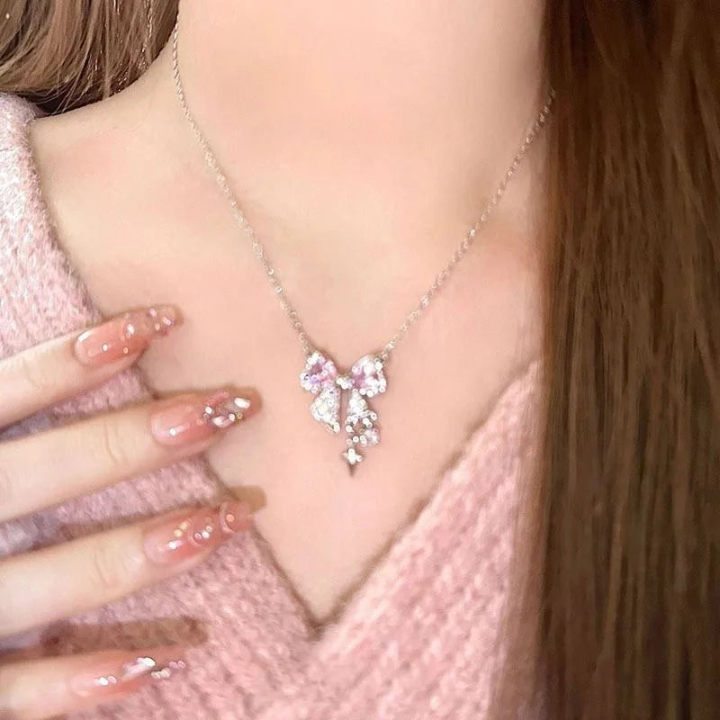 Elegant Pink Bow and Star Crystal Pendant Necklace for Women Fashion Sparkling Rhinestone Clavicle Chain Jewelry Accessories