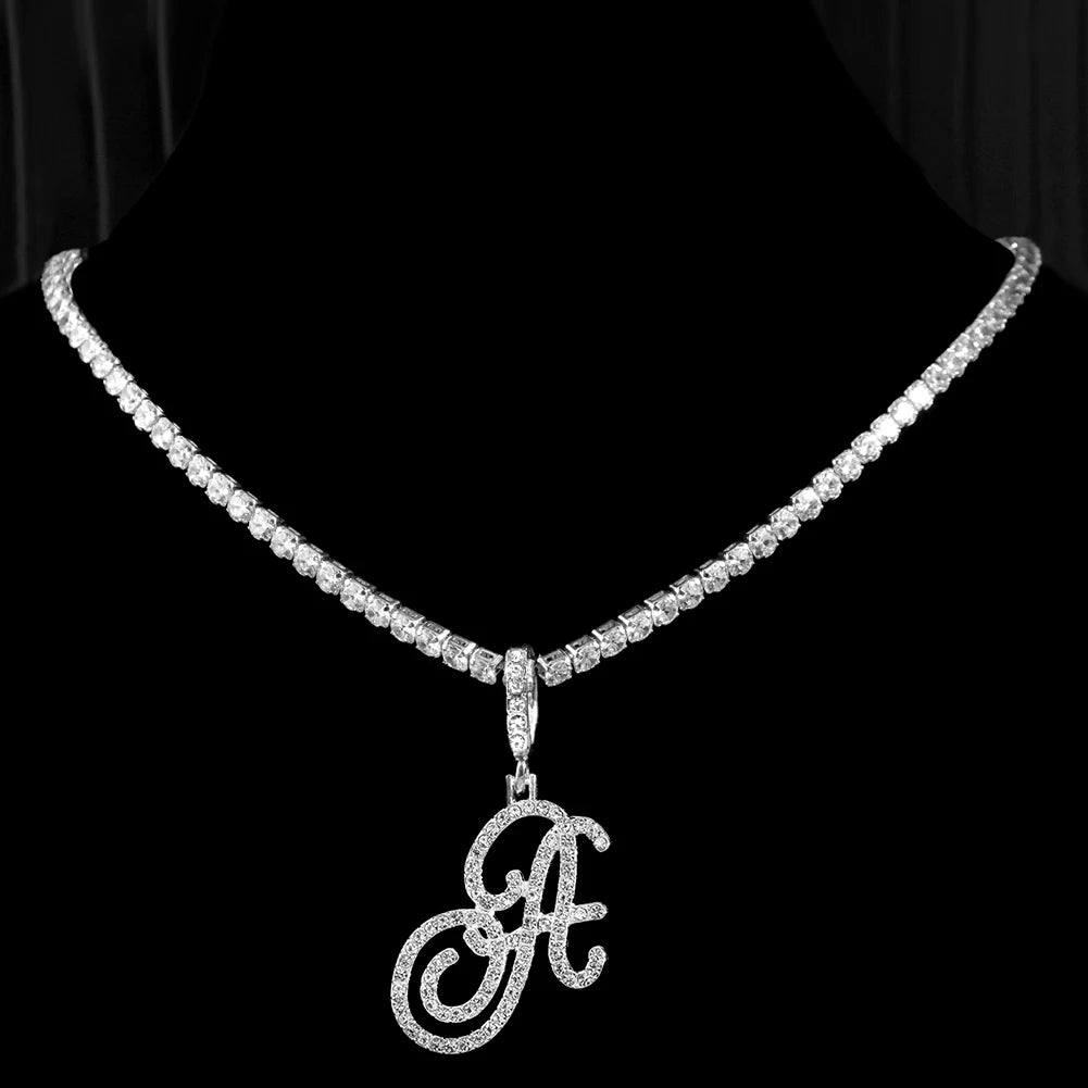 Elegant Sparkling Cursive Initial Name Letters Silver Gold Color Pendant Necklace Zircon Bling Alphabet Jewelry