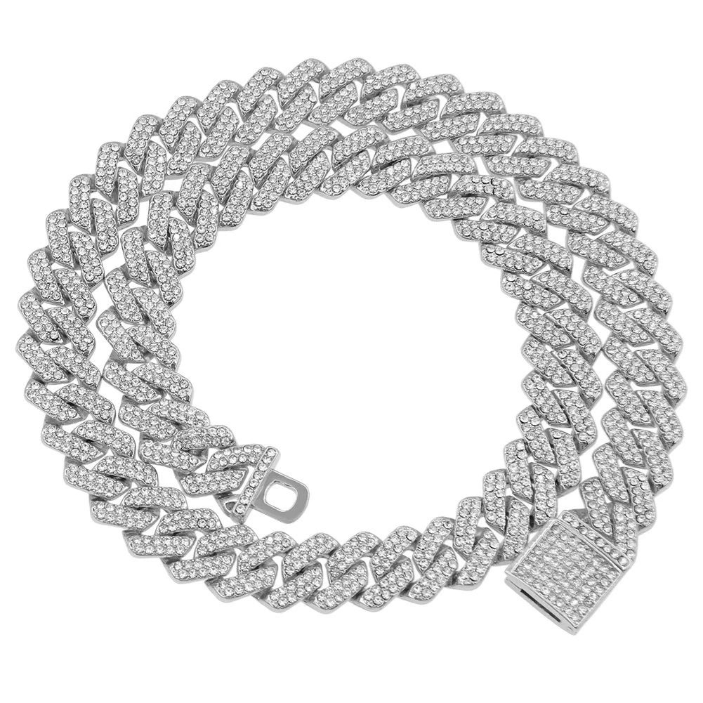 Exquisite Bling Paved Silver Gold Color Cuban Link Chain Necklaces for Men Miami Style 2 Row Rhinestone Crystals Necklace jewelry
