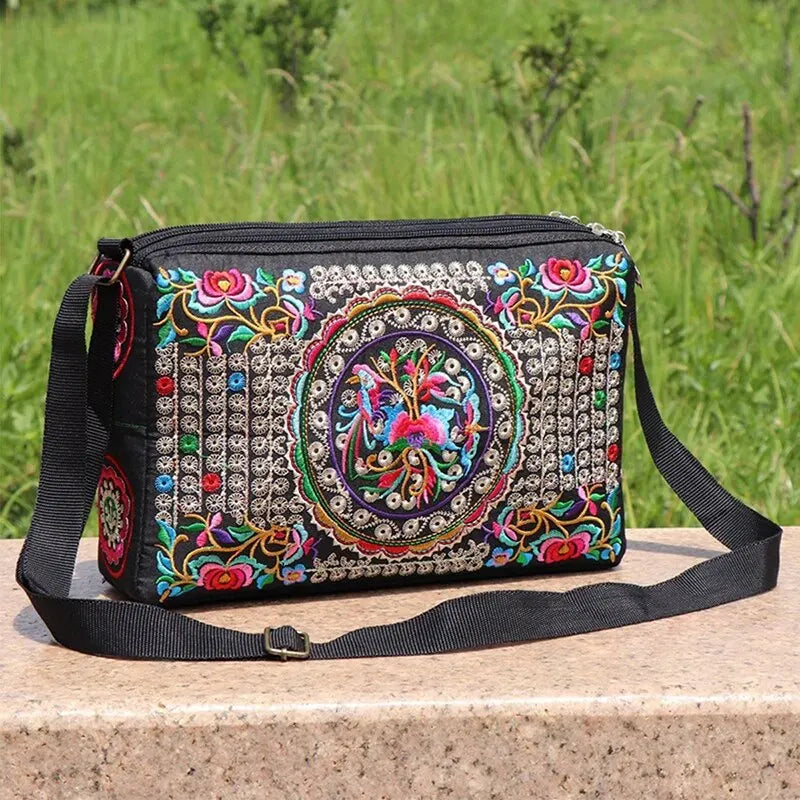 Embroidered Flowers Women's Nylon Crossbody Handbag Purse Ladies Large Capacity Travel Shoulder Bags