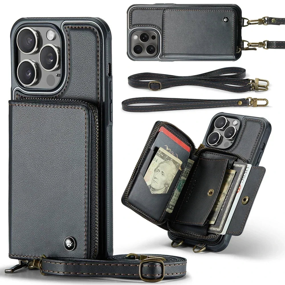 Elegant Crossbody Zipper Leather Wallet Case for Apple iPhone 16 15 Pro Max 14 Plus 13 12 Models Cards Holder Lanyard Protective Cover Shell
