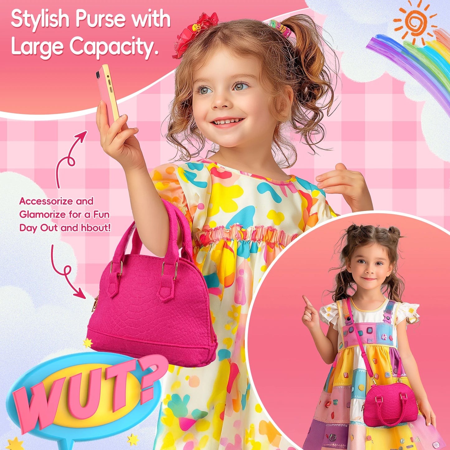 Play Purse Set with Pretend Makeup and Accessories for Little Girls, Toddlers, Princess Toys Includes Handbag, Phone, Wallet