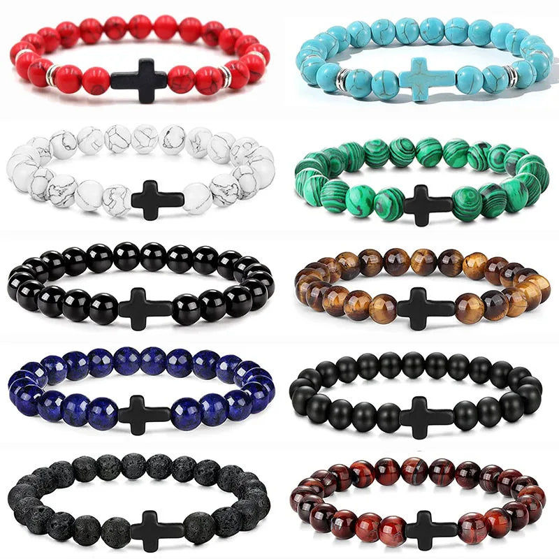 Rosary Cross Natural Stone Wood Beads Hematite Bracelets Prayer Meditation Bracelet for Men Women Yoga Jewelry