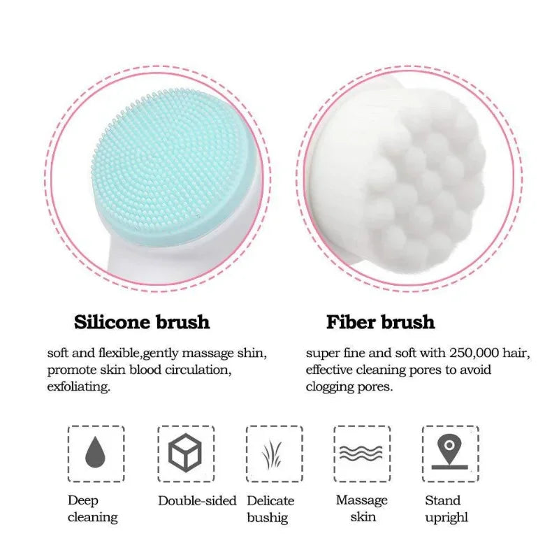 Soft Bristles Exfoliator Double Sided Silicone and Fiber Face Body Washing Brush Facial Cleansing Manual Massage Scrubber