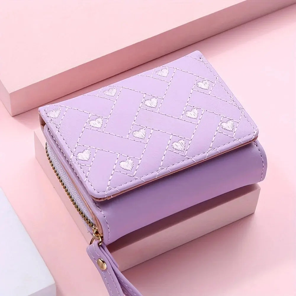 Elegant Embroidered Women's Love Hearts Short Leather Wallet Zipper Closure Large Capacity Card Clutch Versatile Fashion Accessory