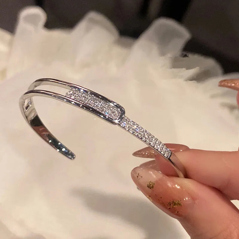 Luxury Crystal 925 Sterling Silver Inline Opening Bracelet Bangle for Women Glamorous Shiny Fashion Jewelry