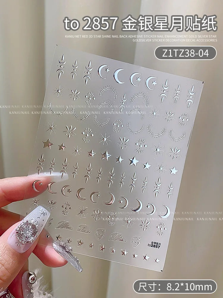 Star Sun Moon 3D Nail Stickers Bronzing Nail Art Gold Silver Styles Decal Self-Adhesive Slider