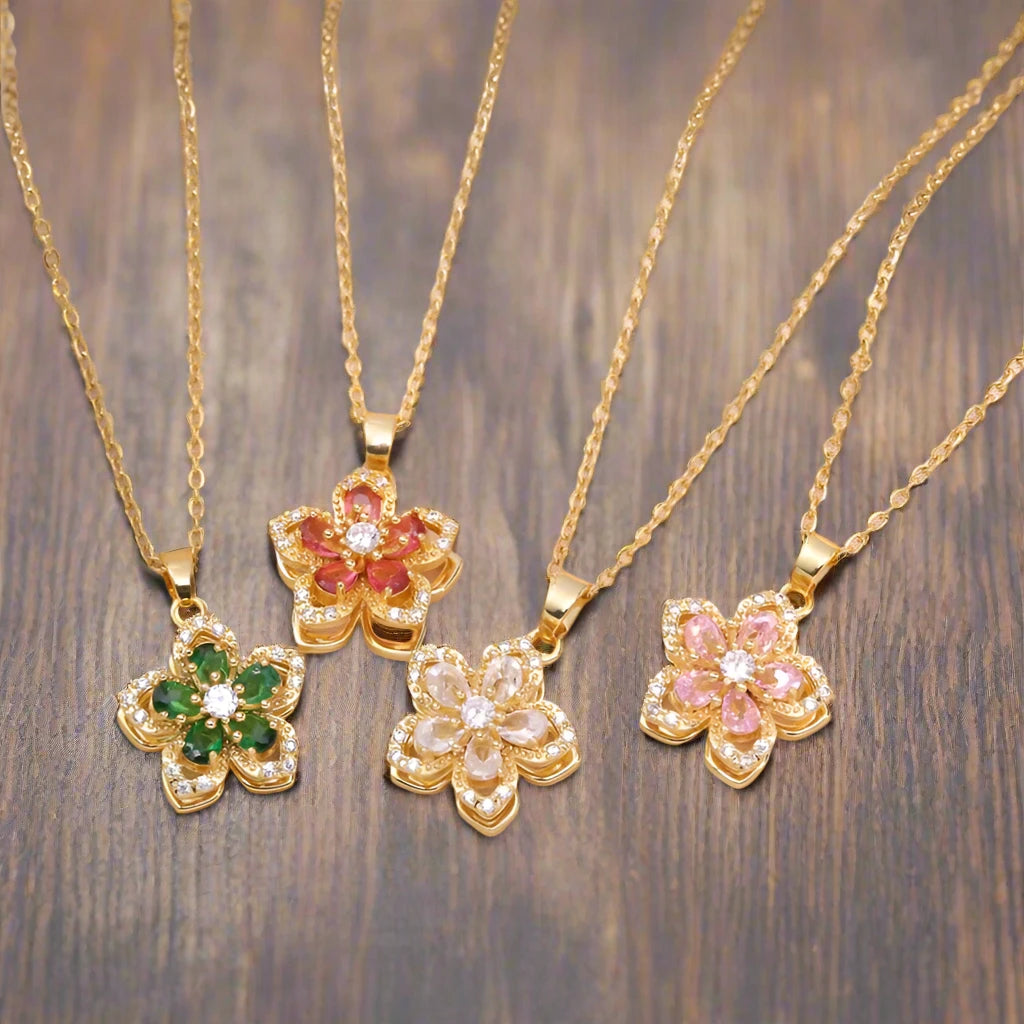 Charming Rotating Flower Pendant Stainless Steel Necklace for Women Girls Gold Color Shiny Zircon Charm Jewelry