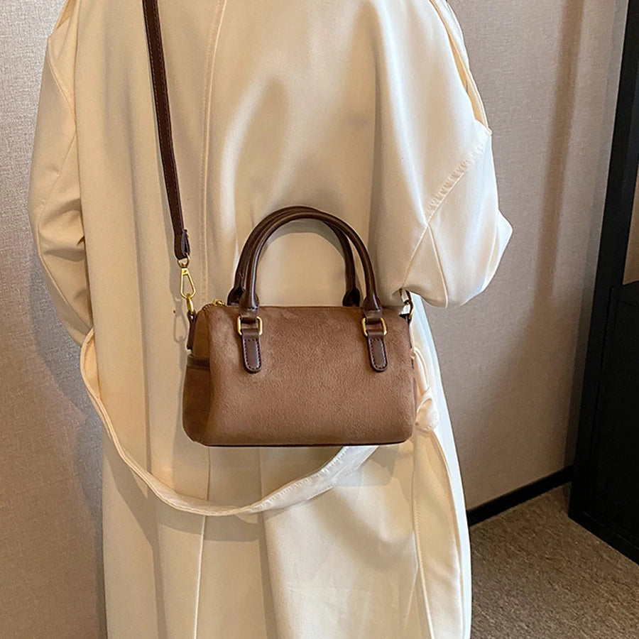 Minimalist Fashion Faux Suede Pillow Style Women's Purse Handbag Boston Design Shoulder Casual Bag