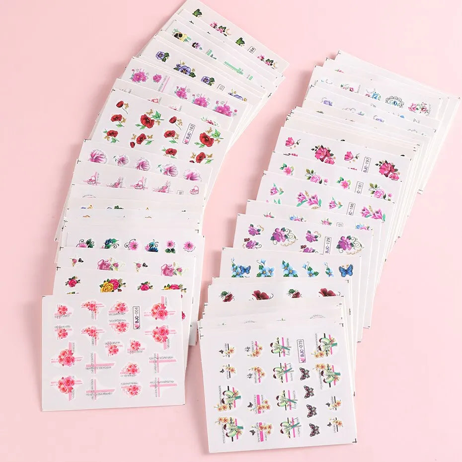 Flowers Collection Lace Water Nail Stickers Set for Manicure Pedicure Glitter Charms Floral Nail Art Transfer Decals Slider Decorations 55 Cards