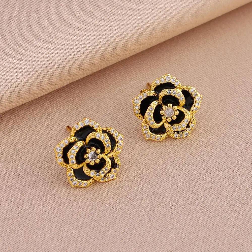 Modern Luxurious Black Rose Crystal Pendant Stainless Steel Necklaces and Earrings for Women Fashion Trendy Jewelry Accessories