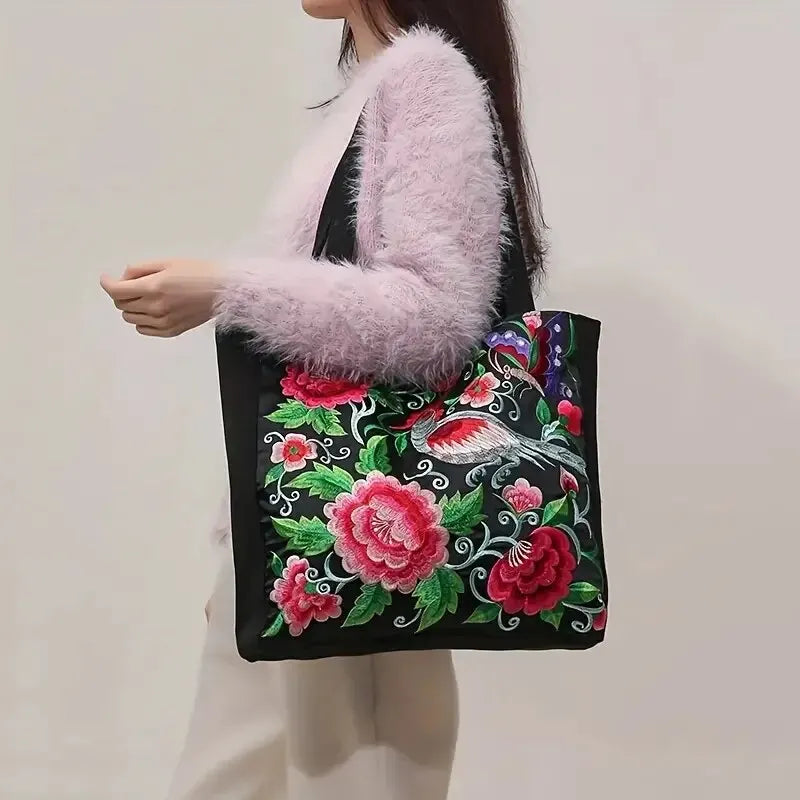 Elegant Flower Embroidery Canvas Tote Shoulder Bag Large Capacity Handbag For Women