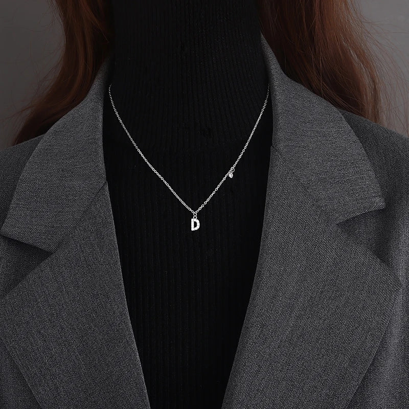 Elegant Crystal Initials Letter 925 Sterling Silver Chain Necklaces for Women Shiny Pendant Collar Jewelry Accessories