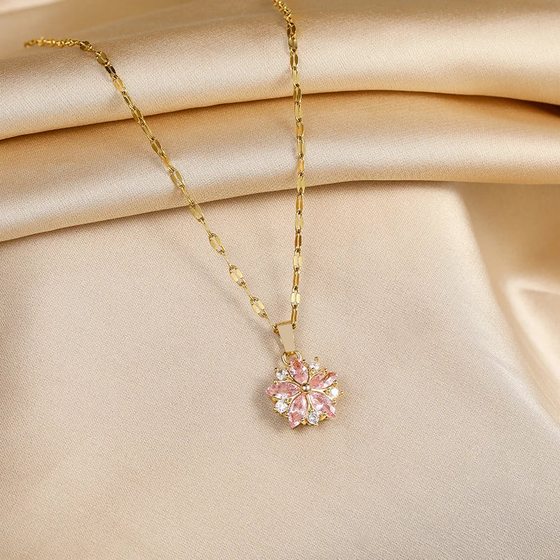 Beautiful Crystal Pink Sakura Pendant Stainless Steel Necklaces for Women Fashion Clavicle Chain Jewelry Accessories