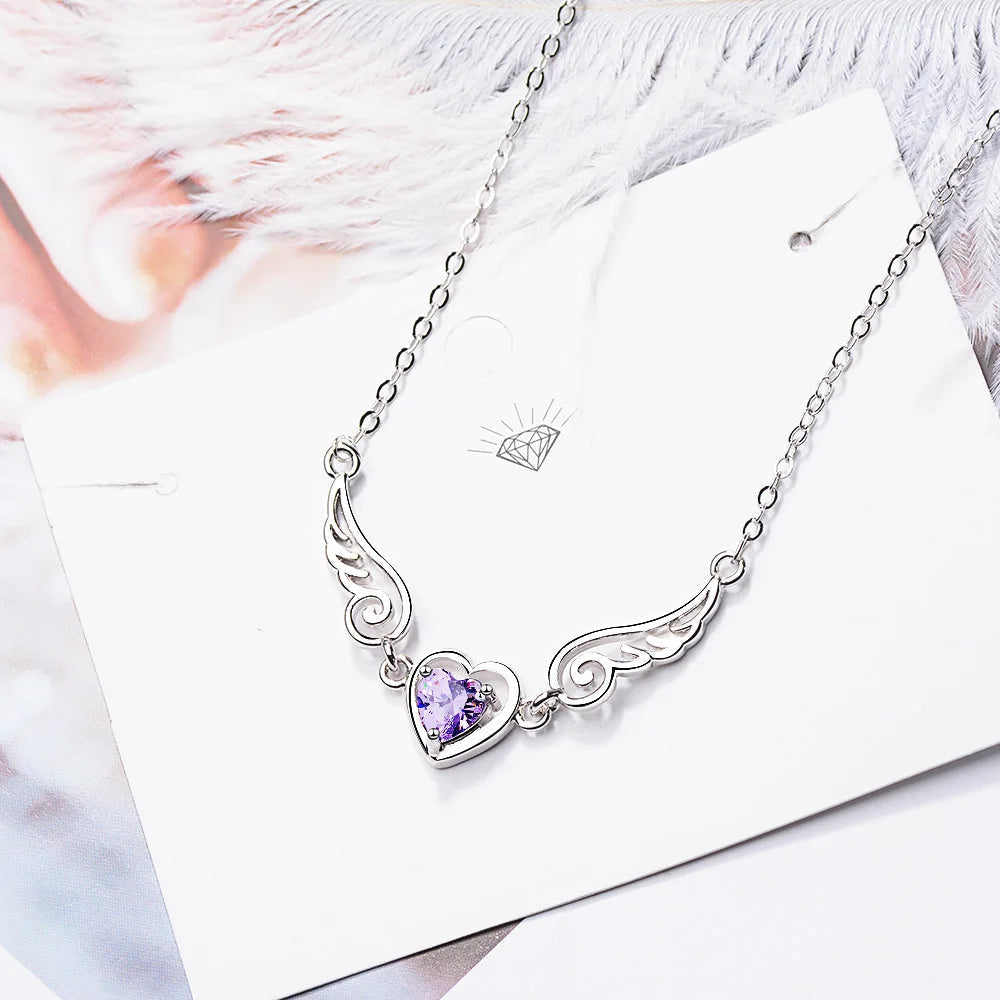 Trendy Purple Crystal Heart Angel Wings 925 Sterling Silver Pendant Necklaces for Women Jewelry Accessories