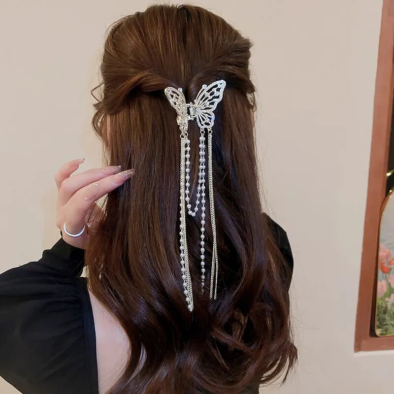 Crystals with Pearls Tassel Butterfly Hair Clip for Women Girls Elegant Imitation Pearl Rhinestone Shark Hairpins Jewelry