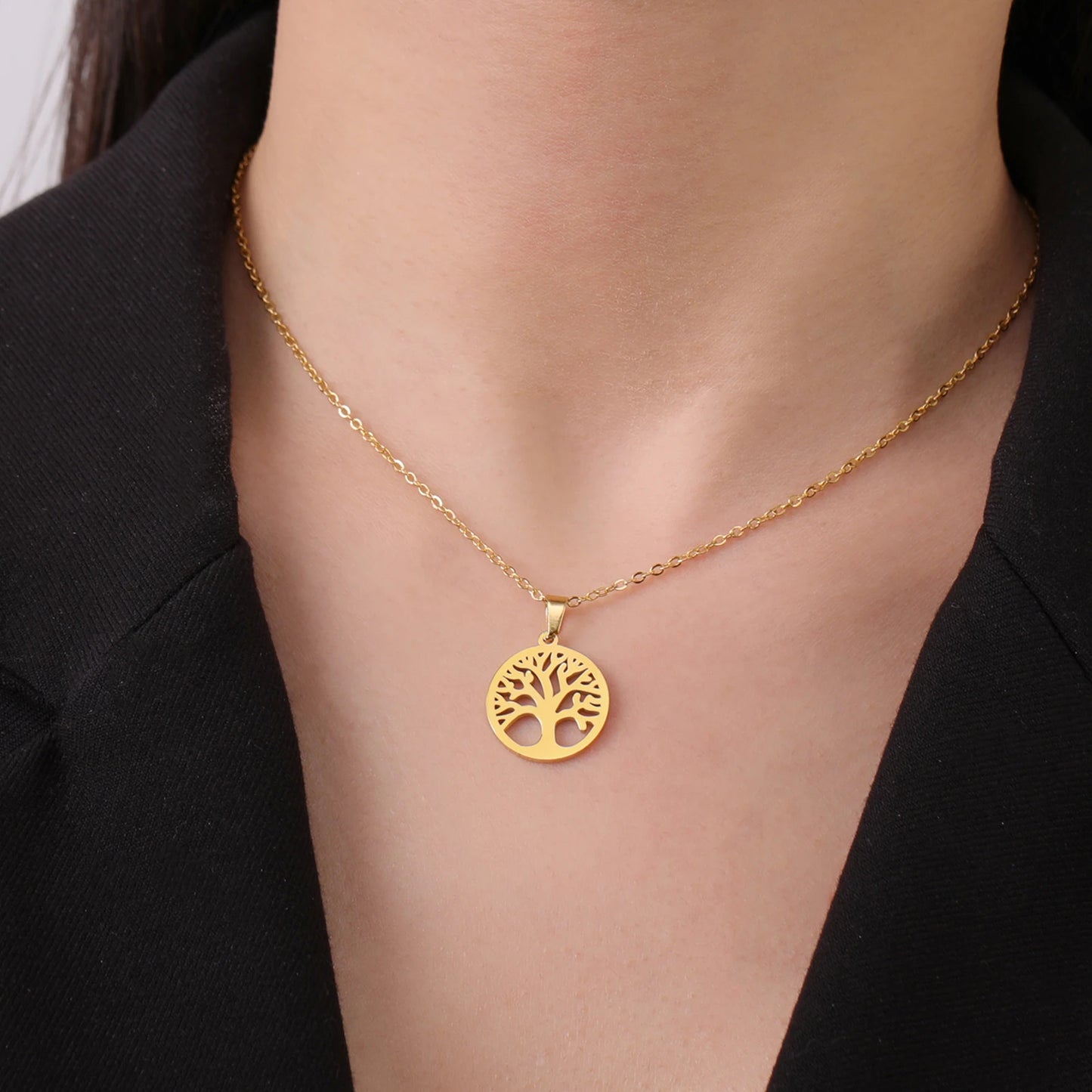 Tree of Life Pendant Stainless Steel Necklaces for Women Girls Gold Silver Color Zircon Luxury Chain