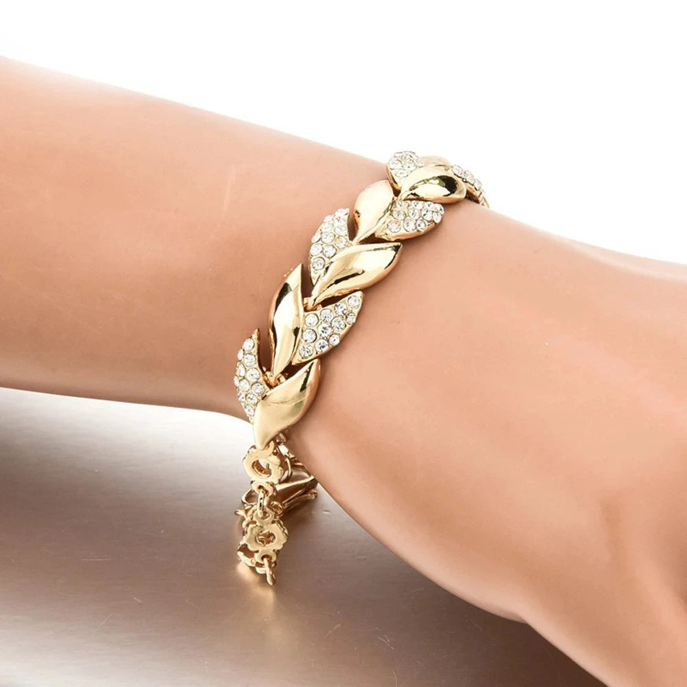 New Leaf Weave 925 Sterling Silver Gold Plated Crystal Statement Bracelet For Women Girls Trendy Jewelry