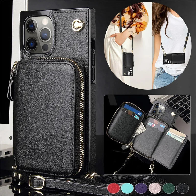 Luxury Crossbody Zipper Leather Wallet Case for Samsung Galaxy S24 S23 S22 Plus S21 S20 Ultra Note 20 Models Cards Holder Lanyard Protective Cover Shell