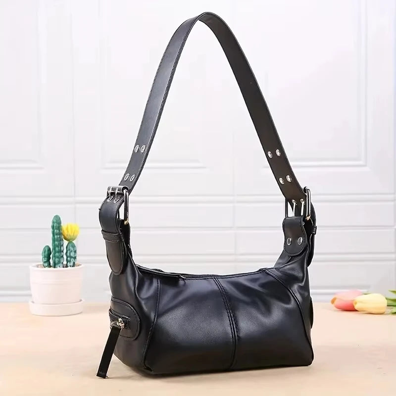 Elegant Leather Baguette Satchel Shoulder Handbag Purse for Women Single Shoulder Strap Zipper Messenger Bag