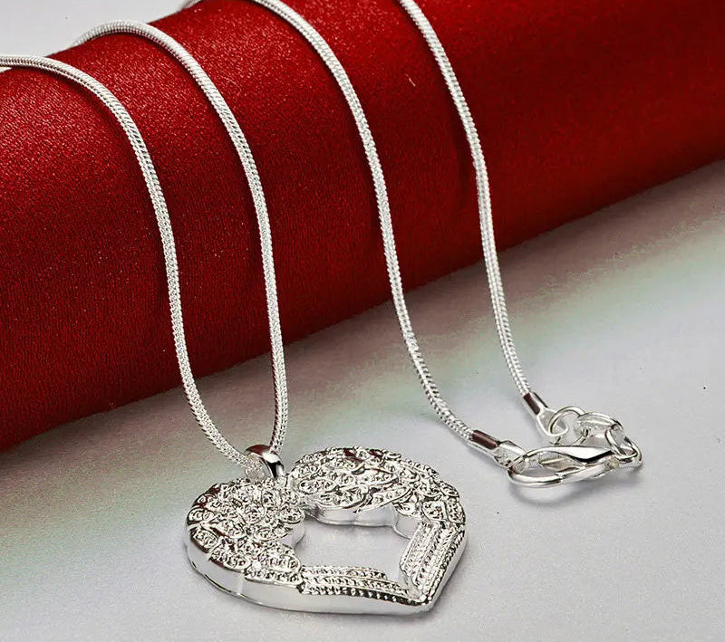 Elegant Feather Wings Heart 925 Sterling Silver Necklace Chain for Women Fashion Charm Jewelry Accessories