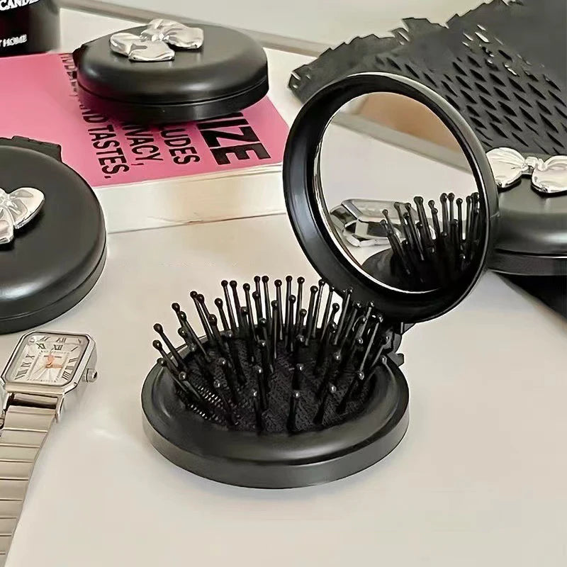 Beautiful Folding Brush With Makeup Mirror Travel Portable Plastic Case Small Comb Hair Brush Bow Tie