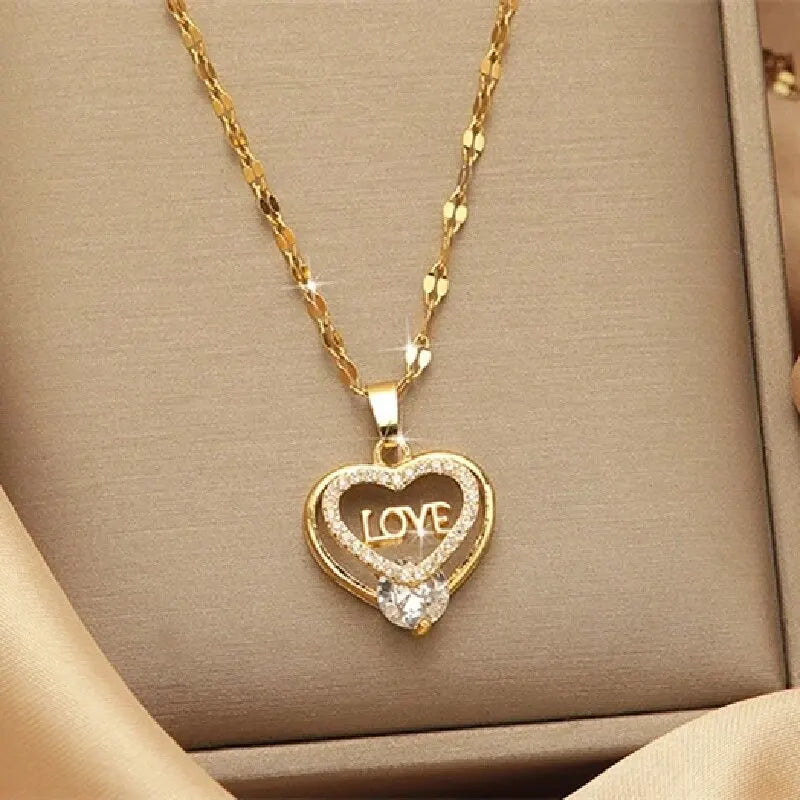 Luxury Crystal Love Heart Gold Plated Stainless Steel Chain Pendant Necklace for Women Jewelry Accessories