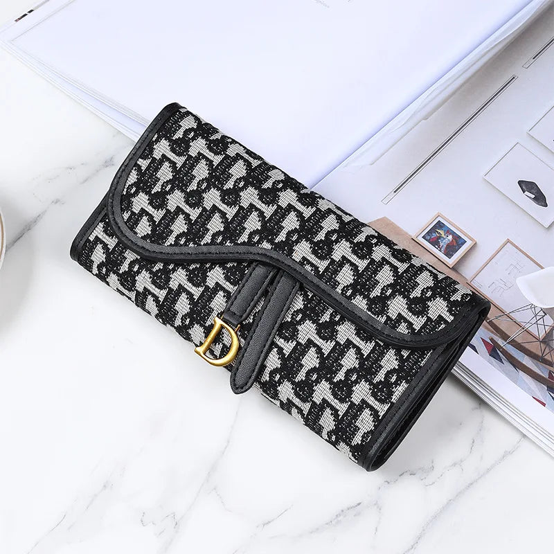 Fashion Classic Design Women's Trifold Long Style Wallet Large Capacity D-Buckle Multi Card Multi Functional Handheld Clutch Mini Purse