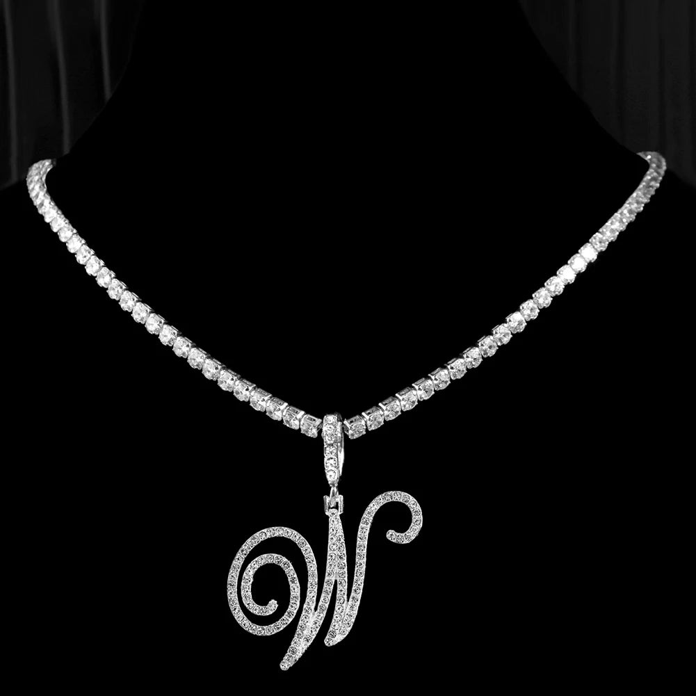 Elegant Sparkling Cursive Initial Name Letters Silver Gold Color Pendant Necklace Zircon Bling Alphabet Jewelry