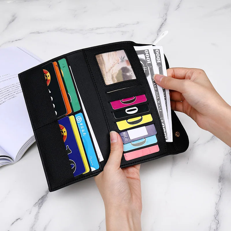 Fashion Classic Design Women's Trifold Long Style Wallet Large Capacity D-Buckle Multi Card Multi Functional Handheld Clutch Mini Purse