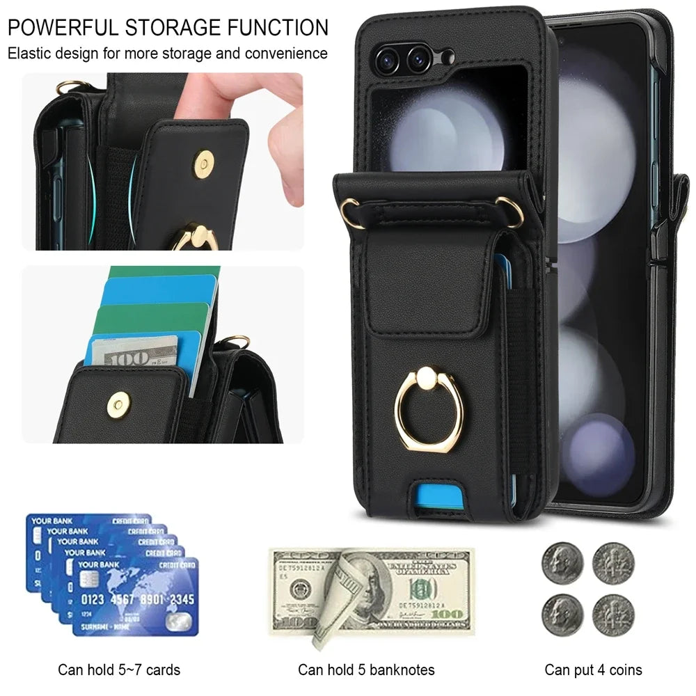 Deluxe Crossbody Lanyard Leather Flip Wallet Case for Samsung Galaxy Z Flip 6 5 4 3 Models Ring Bracket Shockproof Protective Shell Card Holder Phone Cover Bag