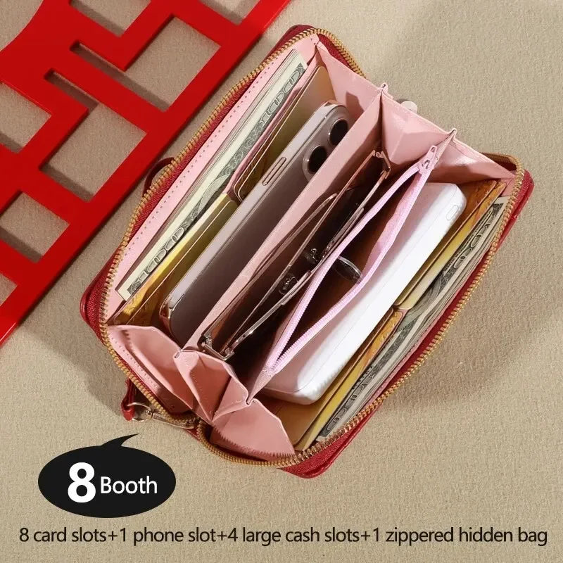 Exquisite Embroidered Women's Leather Clutch Wallet Card Mobile Phone Holder Zipper Handbag Fashion Accessory