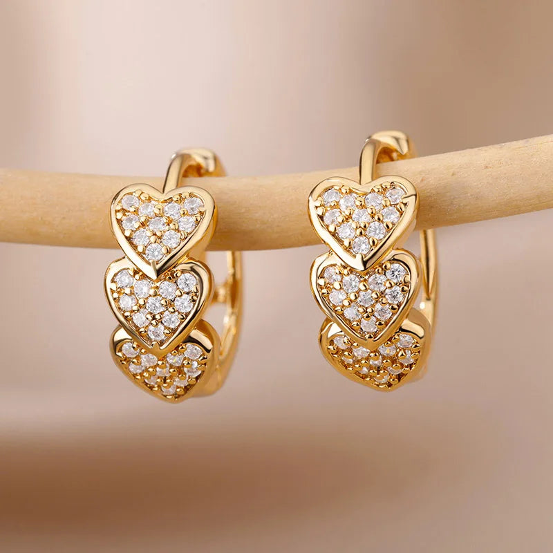 Fancy Gold Color Heart Love Crystal Hoop Earrings for Women Full Paved Dazzling Dainty Jewelry Accessories