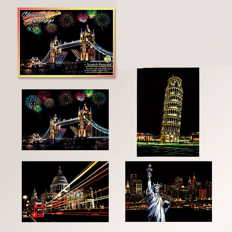 Children's DIY Night Scene Art Scratch Painting Postcards Toys City Building Landscape Kids Educational Toys Room Decor Gift 4Pcs
