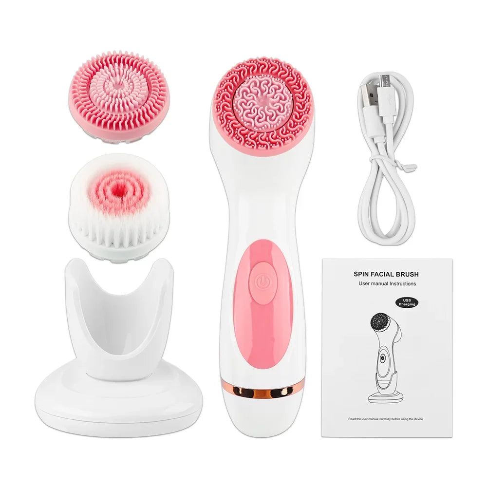 Ultrasonic 3 In 1 Electric Facial Cleansing Brush Face Massager Rotating Deep Cleaning Tool